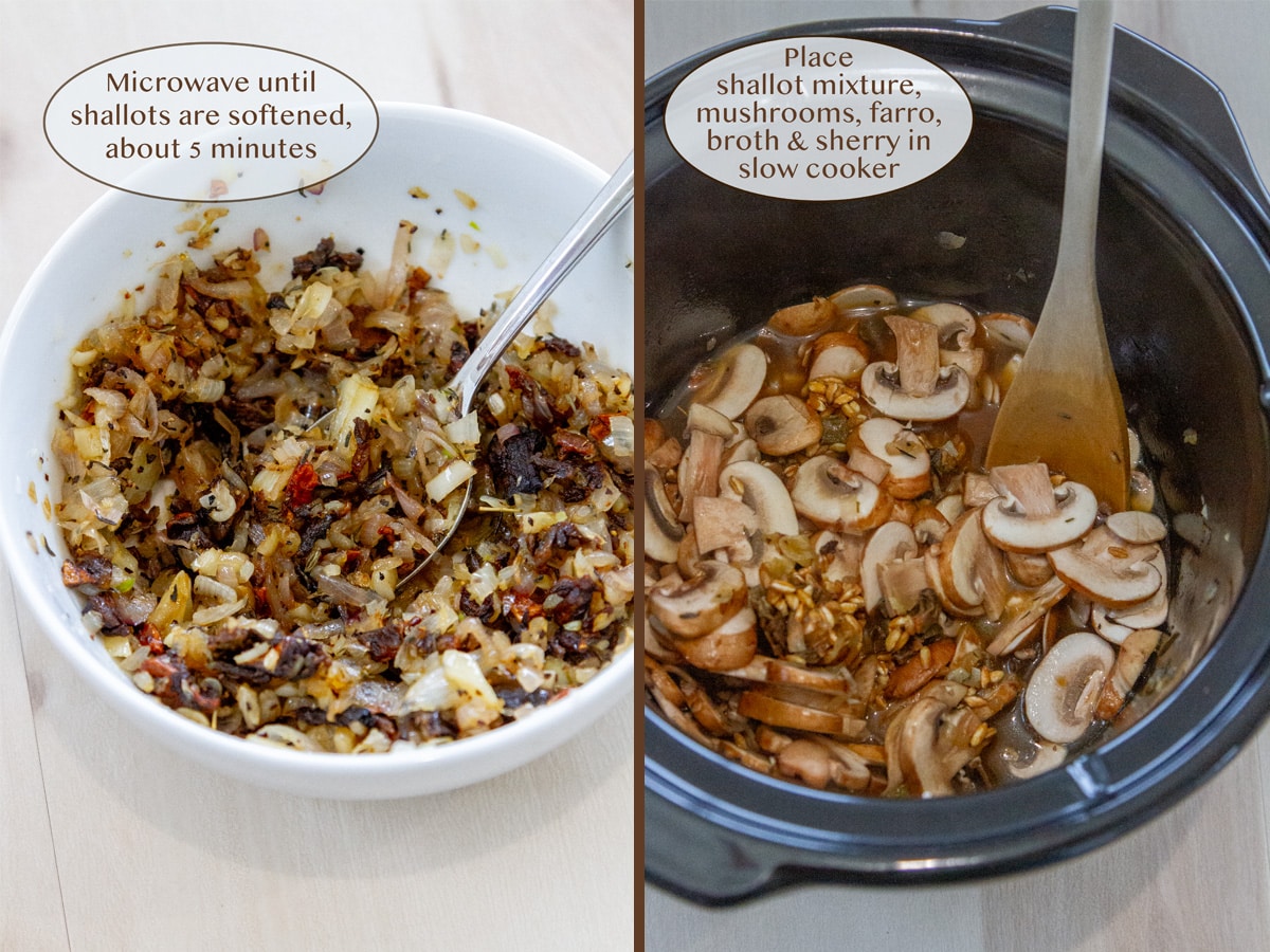 cooked aromatics on left and in a slow cooker with mushrooms and farro on right.