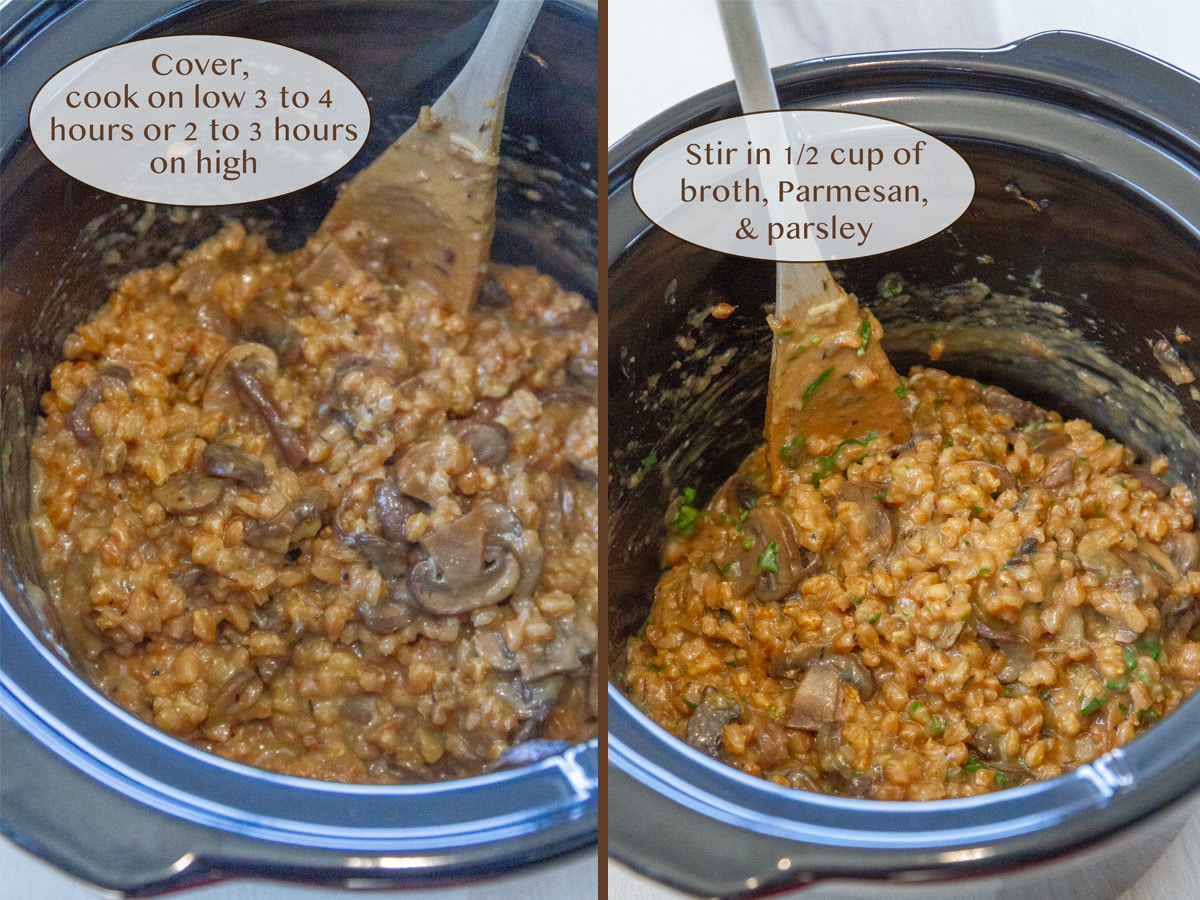 cooked farro in a slow cooker on left and with added broth and Parmesan cheese on right.