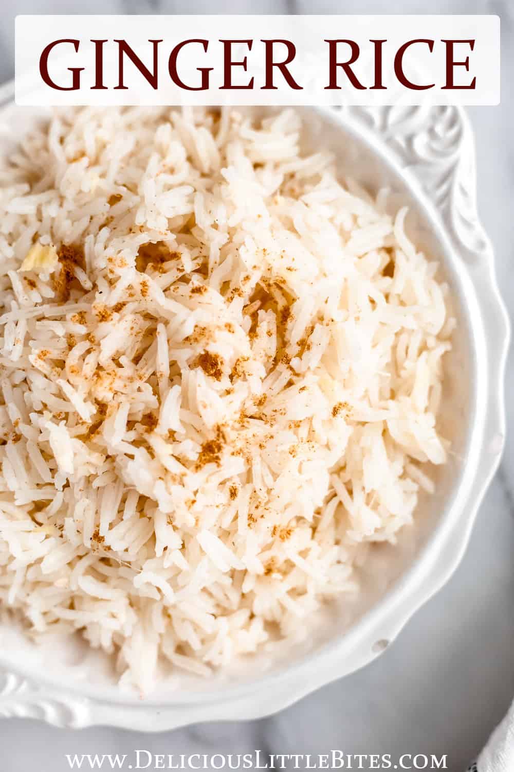 Close up of a white bowl of ginger rice with text overlay.