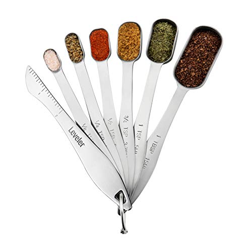 Stainless Steel Metal Measuring Spoons, Fits in Spice Jar, Set of 6 with bonus Leveler