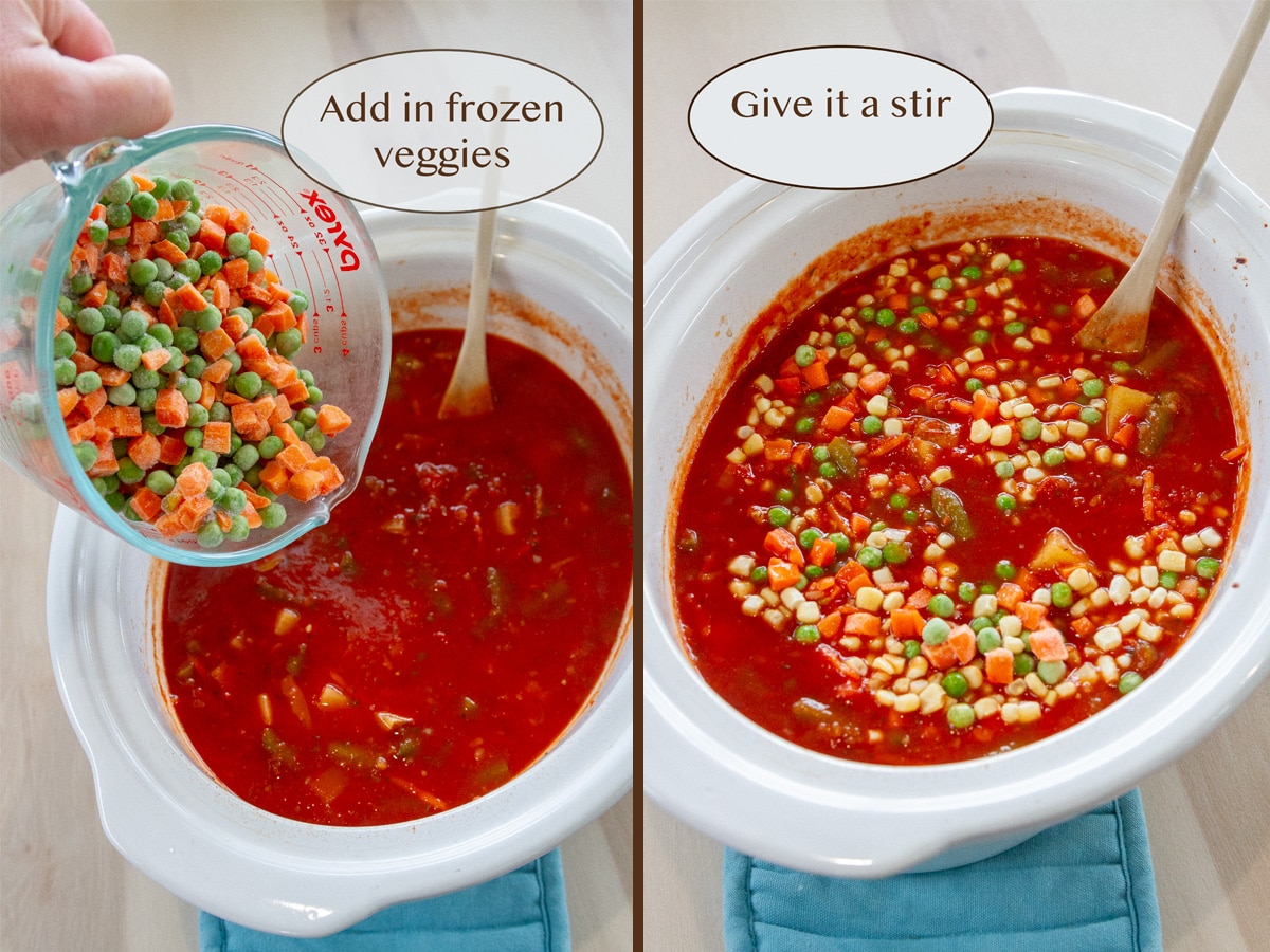 adding frozen mixed veggies to the crock pot of left and stirring them in on right.