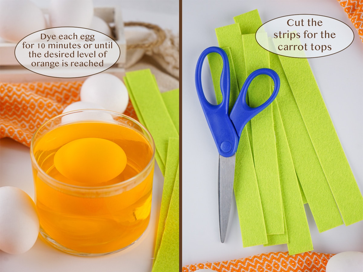 dying an egg in orange dye on left and strips of green felt and scissors on right.