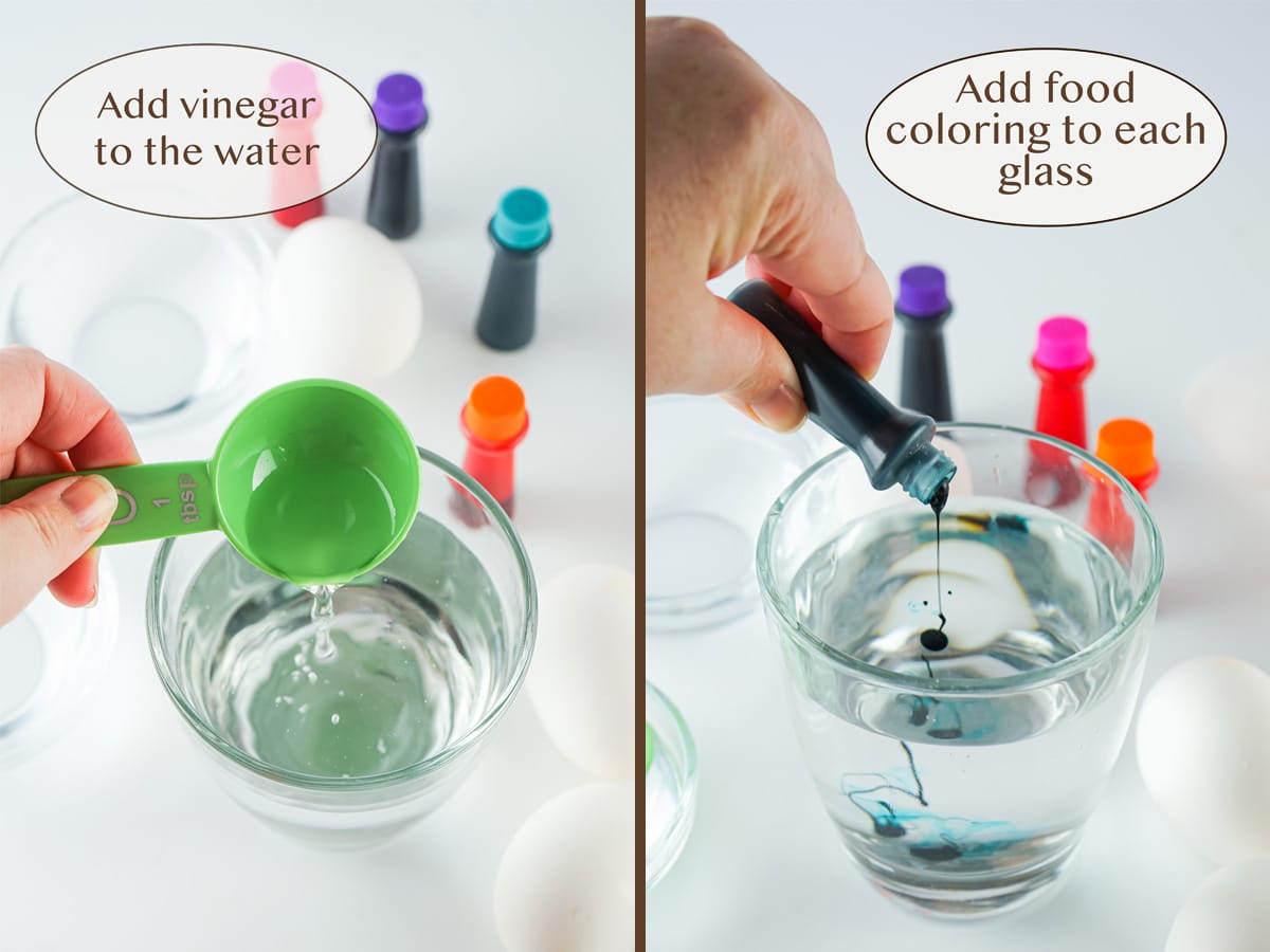 adding vinegar to the water glass on left and adding dye on right.