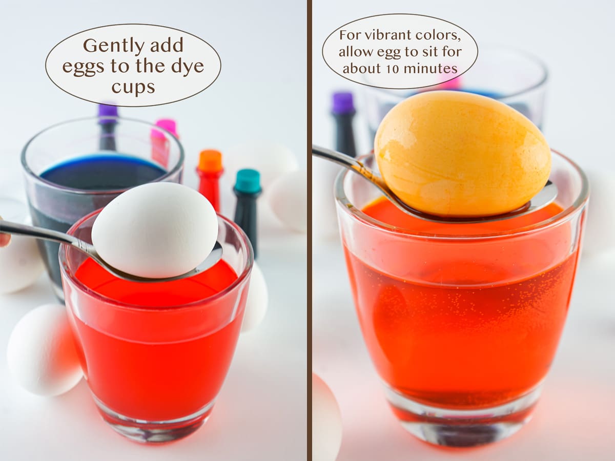 adding a white egg to the dye cup on left and a yellow egg over the cup on right.