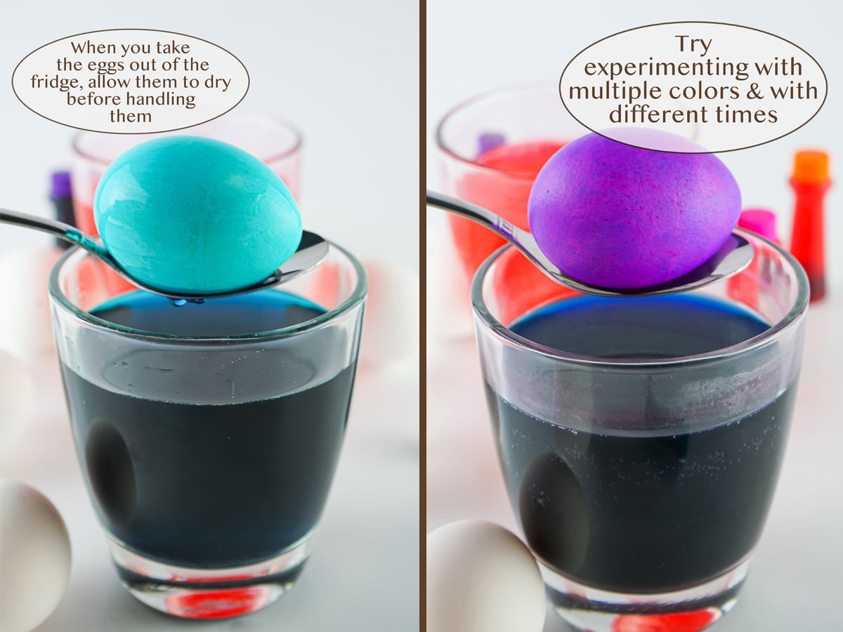 a blue egg over the dye cup on left and a purple egg over the cup on right.