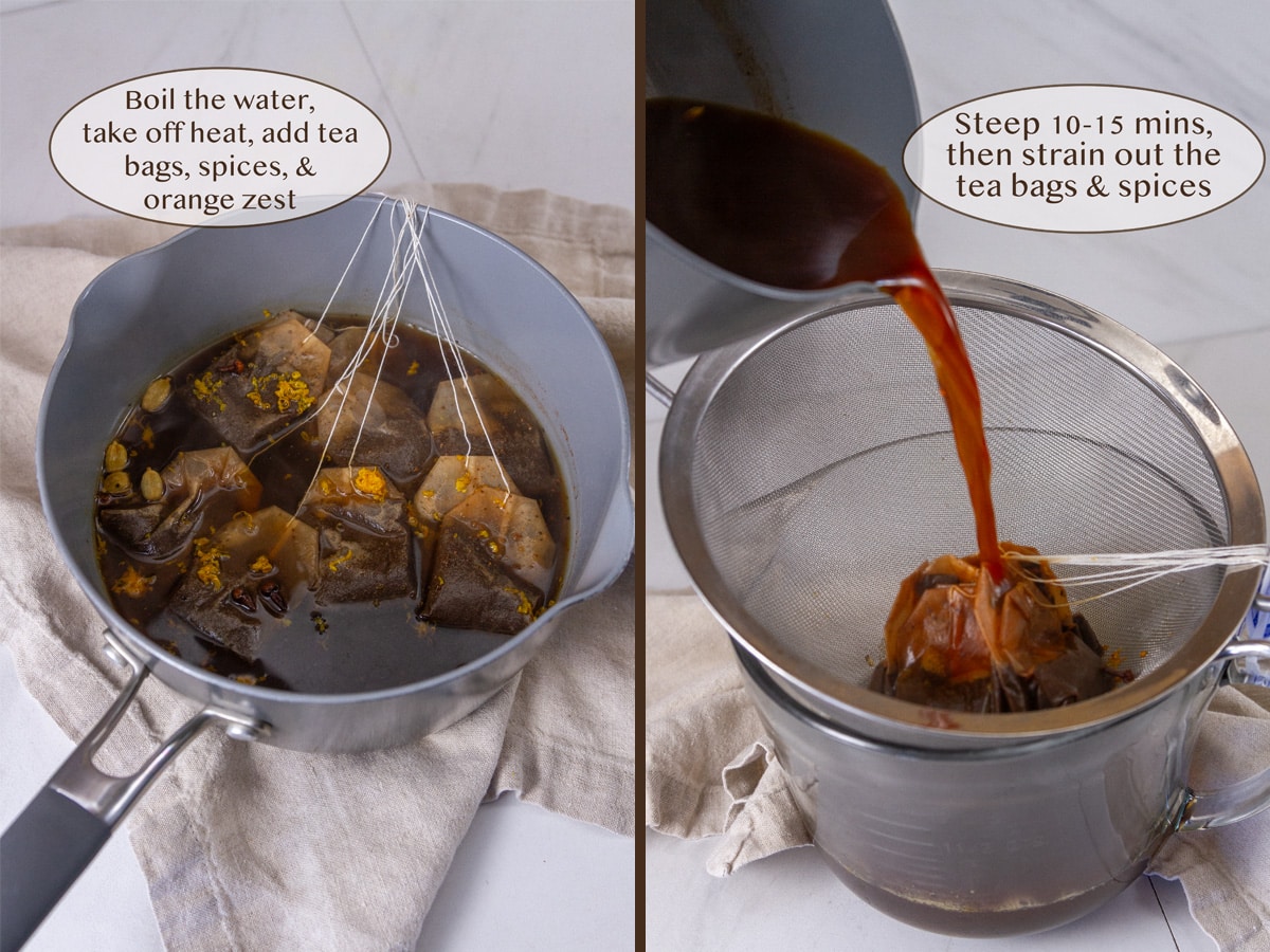 tea bags in a pot steeping and draining the concentrate through a strainer.