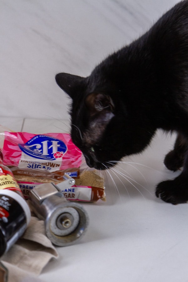 a black cat looking at ingredients on a table.