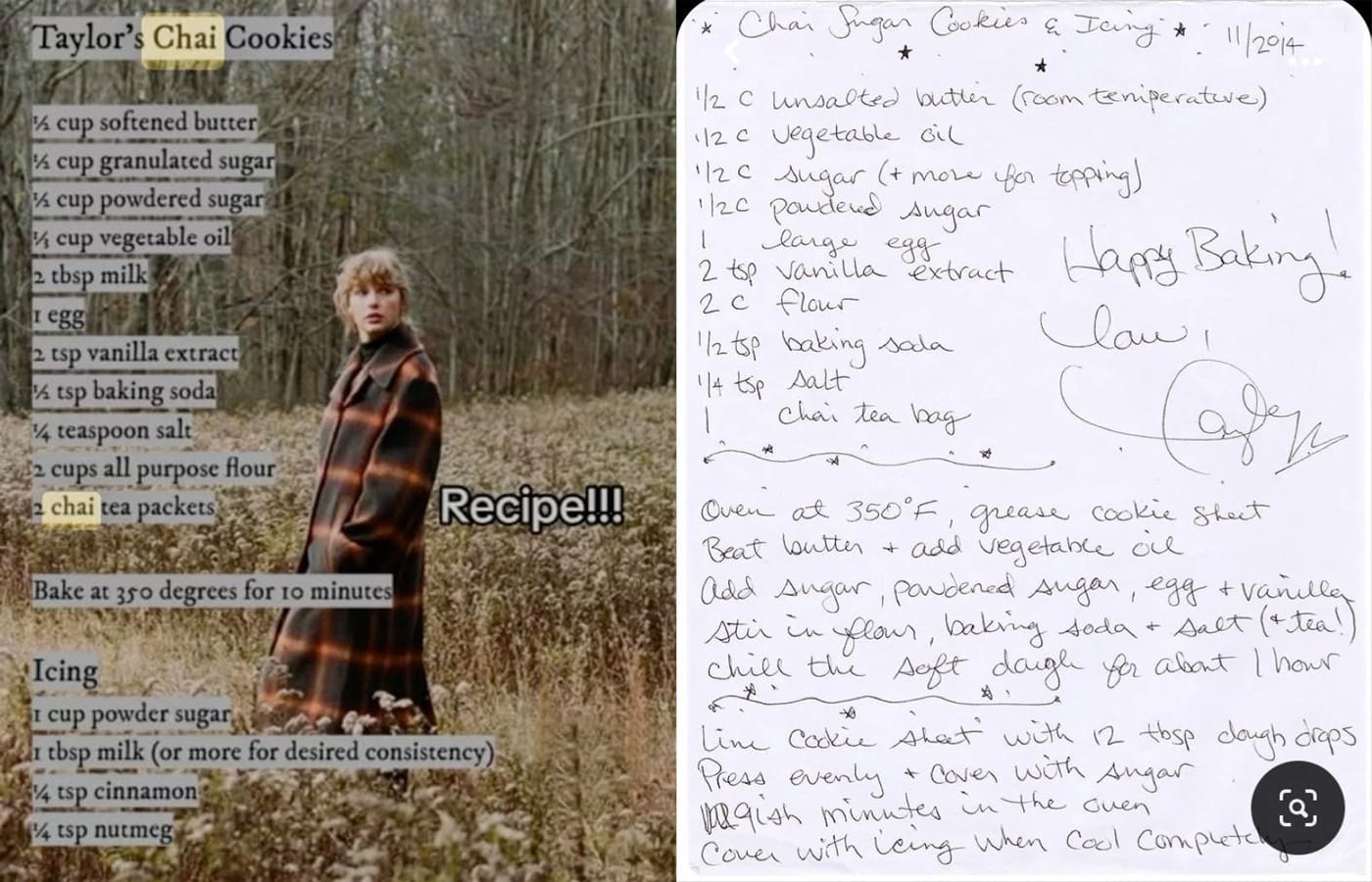 copies of Taylor Swift's chai cookie recipe, a picture of her in a plaid coat and a handwritten version.