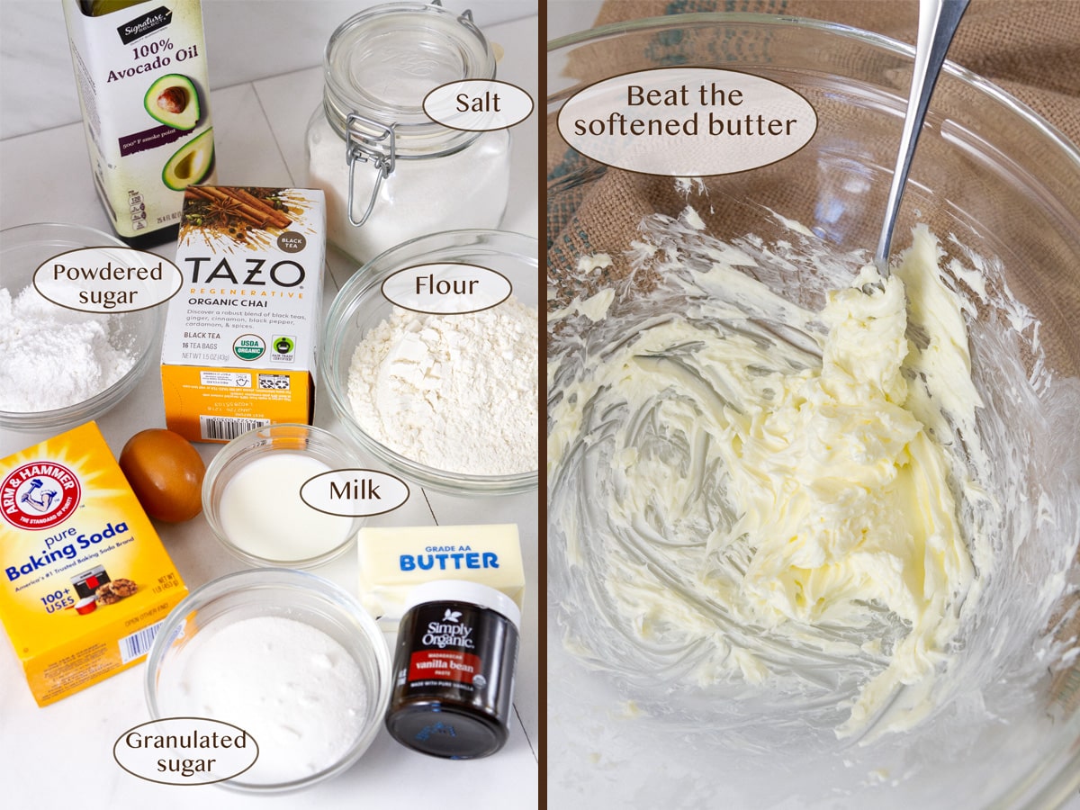ingredients of left on creaming butter in a glass bowl on right.