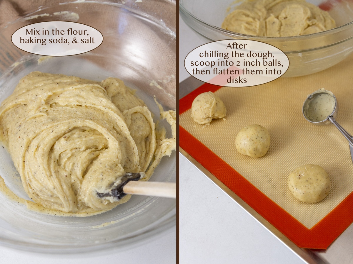 soft cookie dough in a glass mixing bowl on left and scooping and shaping cookies on a baking sheet on right.