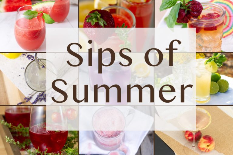 a collage of summer drinks with the title "sips of summer" in the middle.