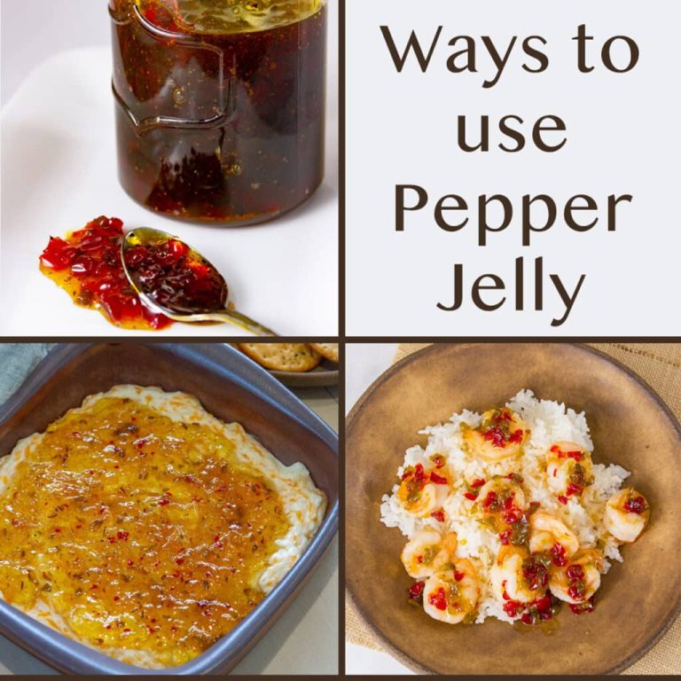 square crop of a collage of 3 images of foods that use pepper jelly.